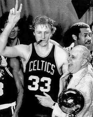 Larry Bird celebrating with the Boston Celtics